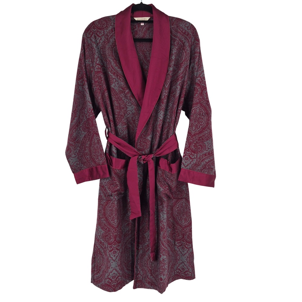 Feierma Mens Paisley Robe Burgundy Grey Satin Trim Shawl Collar XL Loungewear